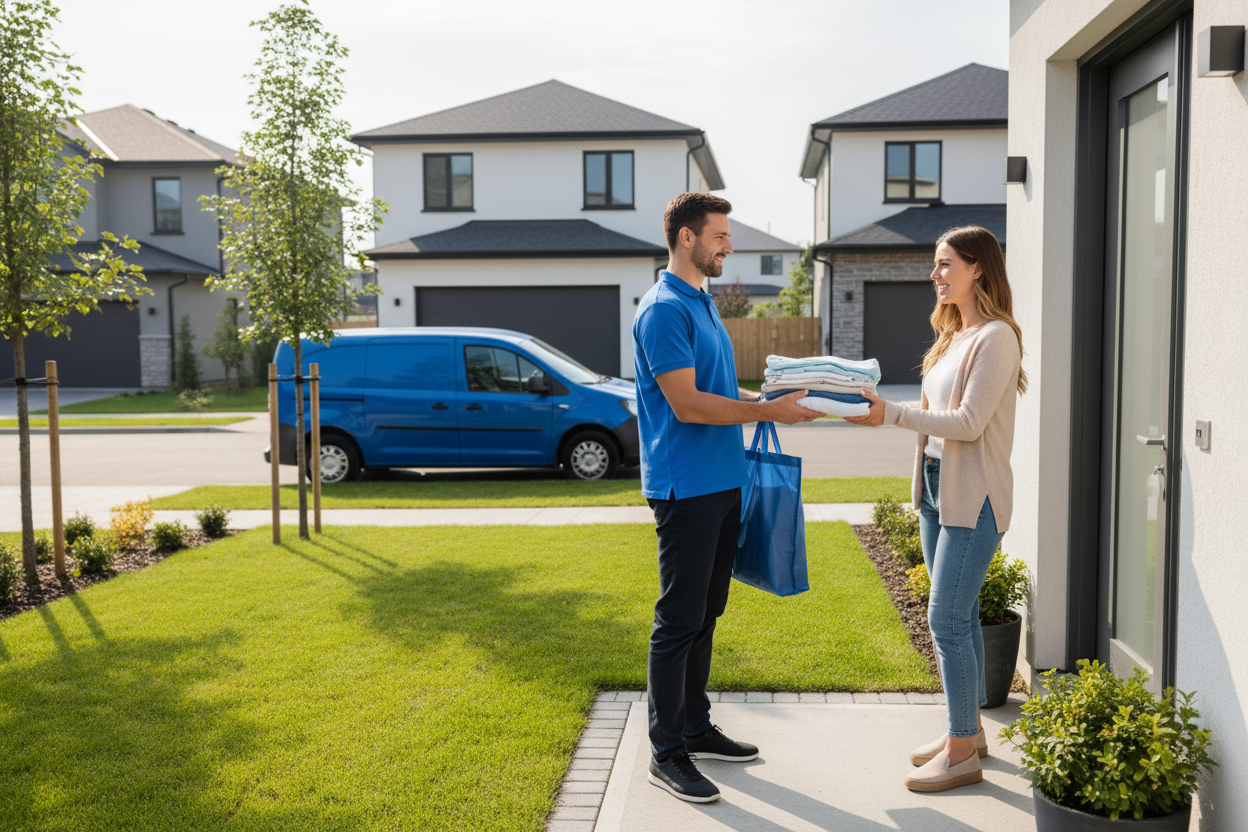 Crea un’immagine orizzontale formato 16:9, pensata come hero banner per il sito, un servizio moderno di lavanderia a domicilio. Mostra un corriere con divisa blu e furgone senza brand e testi che consegna un sacco di bucato o capi piegati a un cliente davanti alla porta di casa.